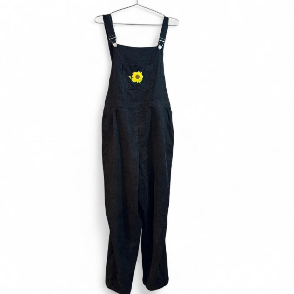 Black Corduroy Overalls Sunflower Low Back Bibs 2XL Boho Fairycore Whimsigoth